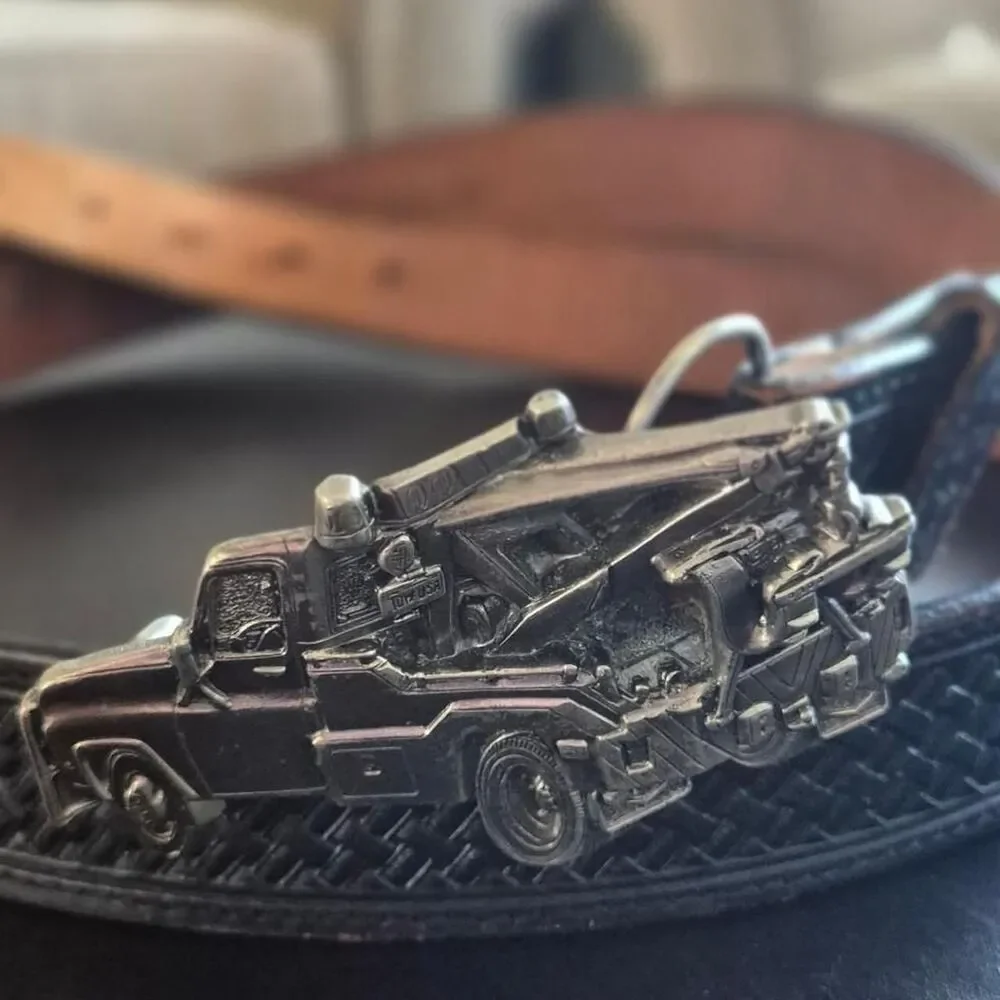Vintage-american Creek 80' Collection 3D Tow Truck Bukel Silver Men Black Belt